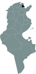 Black highlighted location map of the Tunisian Ariana governorate inside gray map of the Tunisian Republic