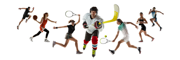 Collage of different professional sportsmen, fit people in action and motion isolated on white...
