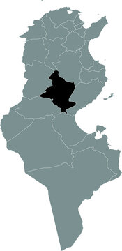 Black highlighted location map of the Tunisian Sidi Bouzid governorate inside gray map of the Tunisian Republic