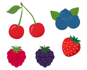 Set with cartoon berries. Cute strawberry, raspberry, blueberry, cherry and blackberry. Summer fruits isolated on white background