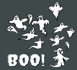 Cartoon illustration of a ghostes with boo text. Hand drawen vector illustration in doodle style.