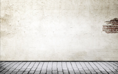 Grunge interior concept background, red brick wall texture bright plaster wall and blocks road sidewalk abandoned exterior urban background for your concept or project. Vintage room.