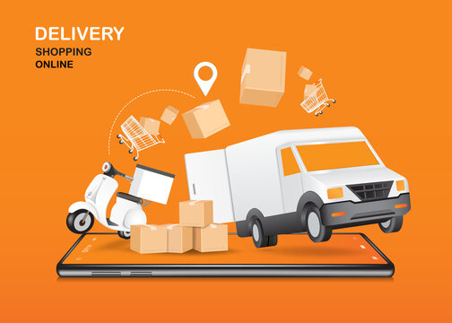 Scooters or motorcycles and parcel delivery cars, shopping carts and parcel boxes are floating off the smartphone for shopping online and delivery concept,vector 3d isolated on orange background