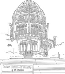 Hand sketched pen and ink line drawing of Chicago Bahai Temple