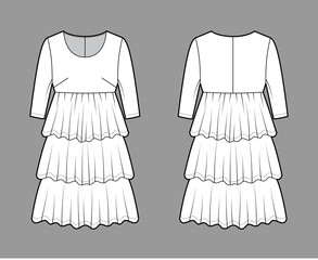 Dress babydoll technical fashion illustration with elbow sleeves, oversized body, knee length ruffle tiered skirt. Flat apparel front, back, white color style. Women men unisex CAD mockup