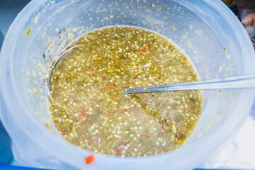 Hot and spicy seafood dipping sauce in Thai style.