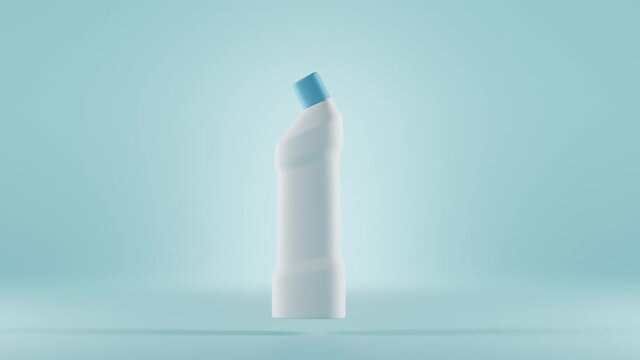 Toilet cleaner bottle with sea fragrance or detergent product for bathroom cleaning, liquid bleach on isolated blue background. White container disinfectant gel, ad mock up, 3d animation blank package