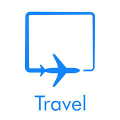 Logotipo con texto Travel y silueta de avión en cuadrado en color azul