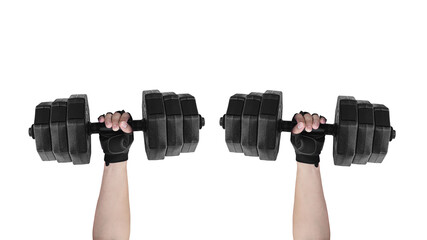 Fototapeta na wymiar Shoulder press exercise. Hands holding dumbells isolated on white background.