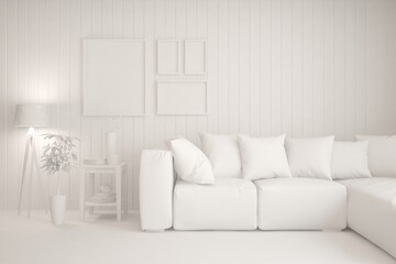 White minimalist living room with sofa. Scandinavian interior design. 3D illustration