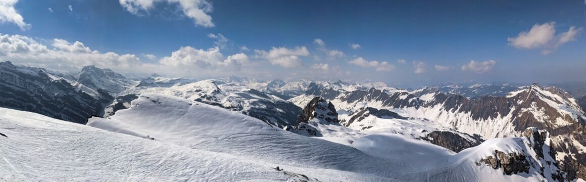 Panorama picture from the mutteristock with a view of the snowy mountains in the canton of uri. Winter time Ski touring