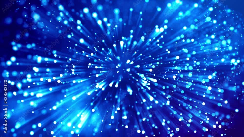 Wall mural blue shiny sparkling particles with light rays move in a viscous liquid. it is 4k 3d animation as mo