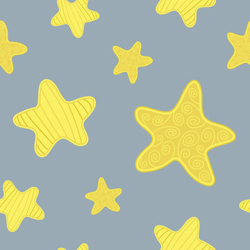 Seamless pattern for baby kids with cute cartoon yellow stars on a gray background. Decorative, stylized elements in a flat style with an ornament. Good night and sweet dreams children's vector design