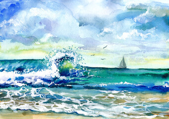 Illustration of a seascape with waves, sea foam, sand, clouds, a sailboat and gulls. Watercolour. Book, postcard, print, texture, wallpaper, calendar.