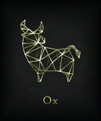 Abstract Art Golden Outline Icon Chinese Zodiac Ox Icon with Glowing Triangle Polygon on Diamond Repeat Pattern Background Illustration Vector Template Design Concept