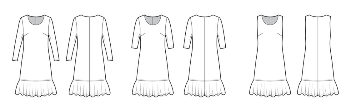 Set of dresses dropped waist technical fashion illustration with long elbow sleeves, oversized body, knee length skirt, round neck. Flat apparel front, back white color style. Women, men CAD mockup
