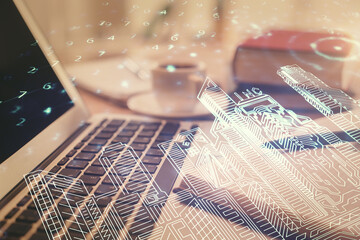 Double exposure of buildings drawing and desktop with coffee and items on table background. Concept of smart city