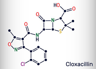 Cloxacillin molecule. It is antibacterial drug, semi-synthetic beta-lactamase resistant penicillin antibiotic. Skeletal chemical formula