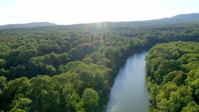 Aerial view of the Ropotamo River, Primorsko, Bulgaria and the forest around