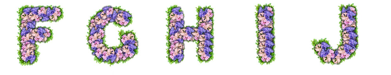 letters F, G, H, I, J made of flowers and green leaves
