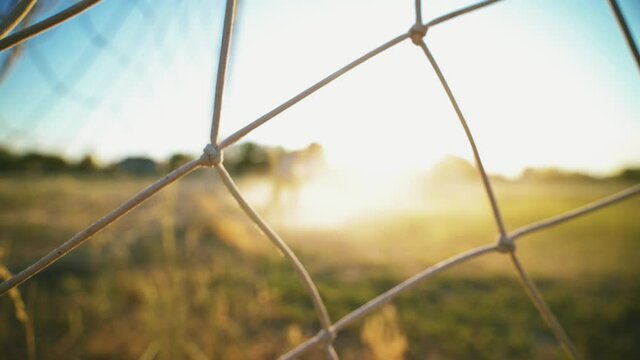 Young boys are playing on a soccer field on a hot day. Silhouettes of children competing for ball control. Football concept. Street sports in a poor area of a 