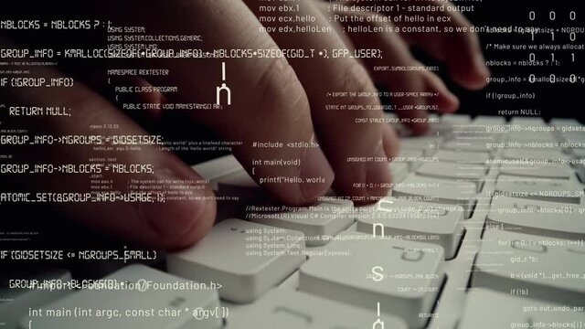 Creative visual of computer programming coding and software development shown by man working on computer keyboard with overlay of computer graphic displaying abstract program codes and computer script