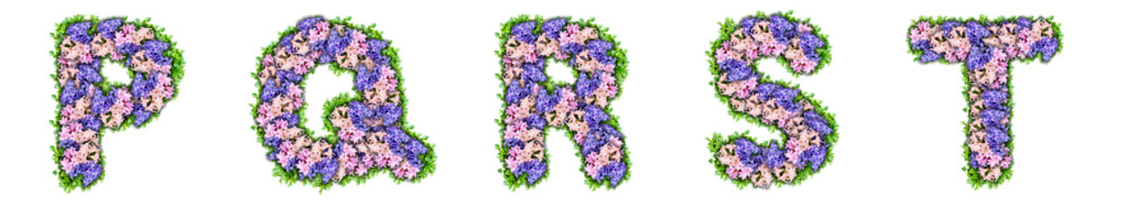 letters P, Q, R, S, T made of flowers and green leaves
