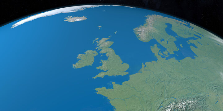 British Islands in planet earth, aerial view from outer space
