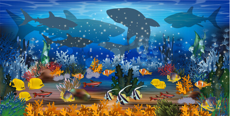Amazing underwater wallpaper with fish, algae and sharks, vector illustration