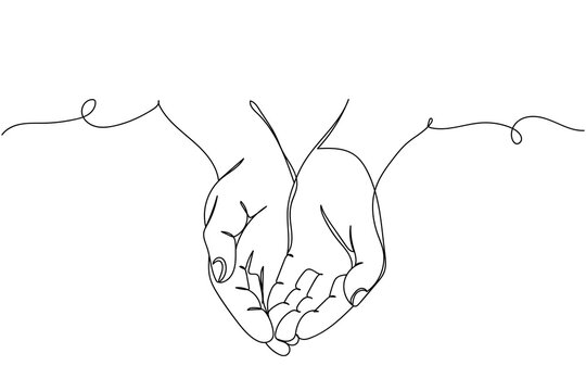 Continuous one line of cupped hands folded arms in silhouette. Linear stylized. Minimal style.