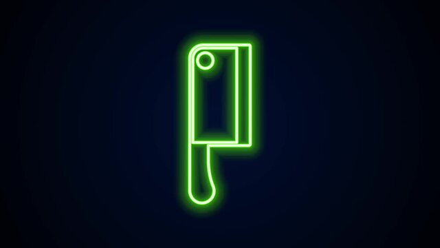 Glowing neon line Meat chopper icon isolated on black background. Kitchen knife for meat. Butcher knife. 4K Video motion graphic animation