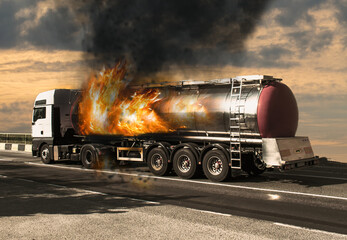 Tank in flames. Danger of explosion. Gasoline tanker,