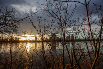 sunset on old Danube in Vienna 