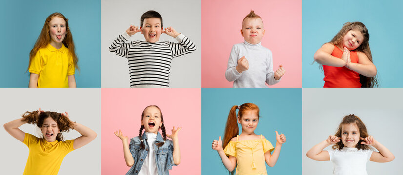 Art collage made of portraits of little and happy kids isolated on multicolored studio background. Human emotions, facial expression concept