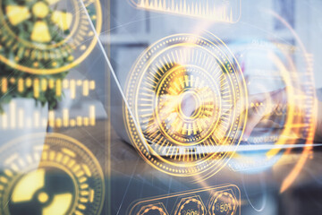 Double exposure of woman hands typing on computer and technology theme drawing. High Tech concept.