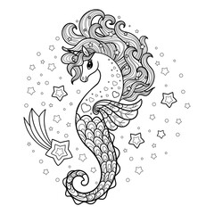 Cute unicorn seahorse vector cartoon. Black and white linear drawing. Vector - obrazy, fototapety, plakaty