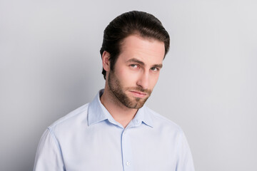 Fototapeta premium Photo portrait thoughtful serious young businessman wearing white shirt isolated grey color background