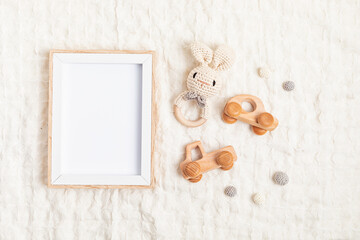 Fototapeta na wymiar Eco fiendly child wooden toys. Sustainable, developmental, sensory toys for babies and toddlers