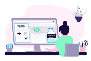 Female character checking PCR test results. Various information about coronavirus on computer screen. Woman not infected with covid-19. Negative test result. Health care concept. Vector illustration