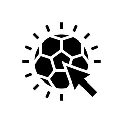 Fototapeta premium Football or Soccer Click icon in Glyph Style. A soccer ball with an arrow cursor is a symbol of a click for a mobile app, game, ui ux, or website. Vector illustration icons.