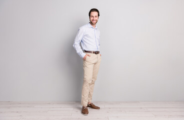 Full length body size photo confident business man wearing white shirt smiling isolated grey color background