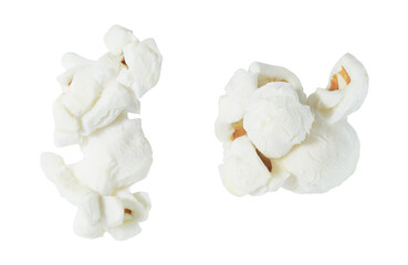 Popcorn, two open corn, isolated on white background with clipping path, element of packaging design.