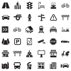 Street Icons. Black Flat Design. Vector Illustration.