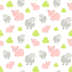 
Seamless pattern with cute cartoon pig and lamb. Vector illustration with farm animals in gentle pastel colors.