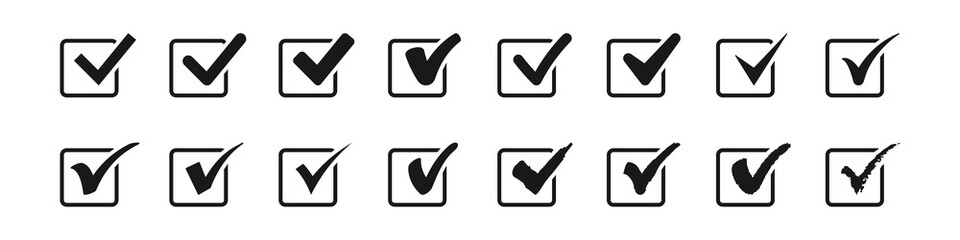 Set of check mark in square icons. Black vector symbols.