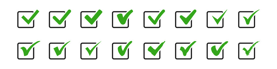 Set of check mark in square icons. Green vector symbols.