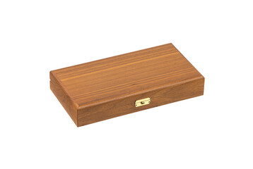 Wooden box with a metal lock. Drawer made of light wood and dark upholstered interior for storing valuables. Isolate on a white back.