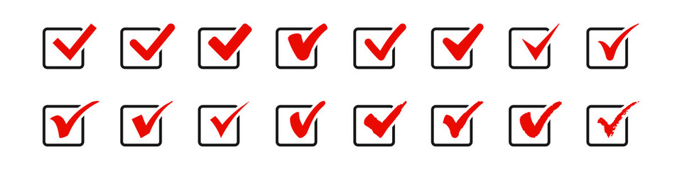 Set of check mark in square icons. Red vector symbols.