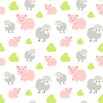 
Seamless pattern with cute cartoon pig and lamb. Vector illustration with farm animals in gentle pastel colors.