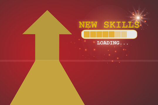 New skills loading and yellow arrow upward on red background. Business success with reskilling and upskilling concept. Sustainable future ahead idea